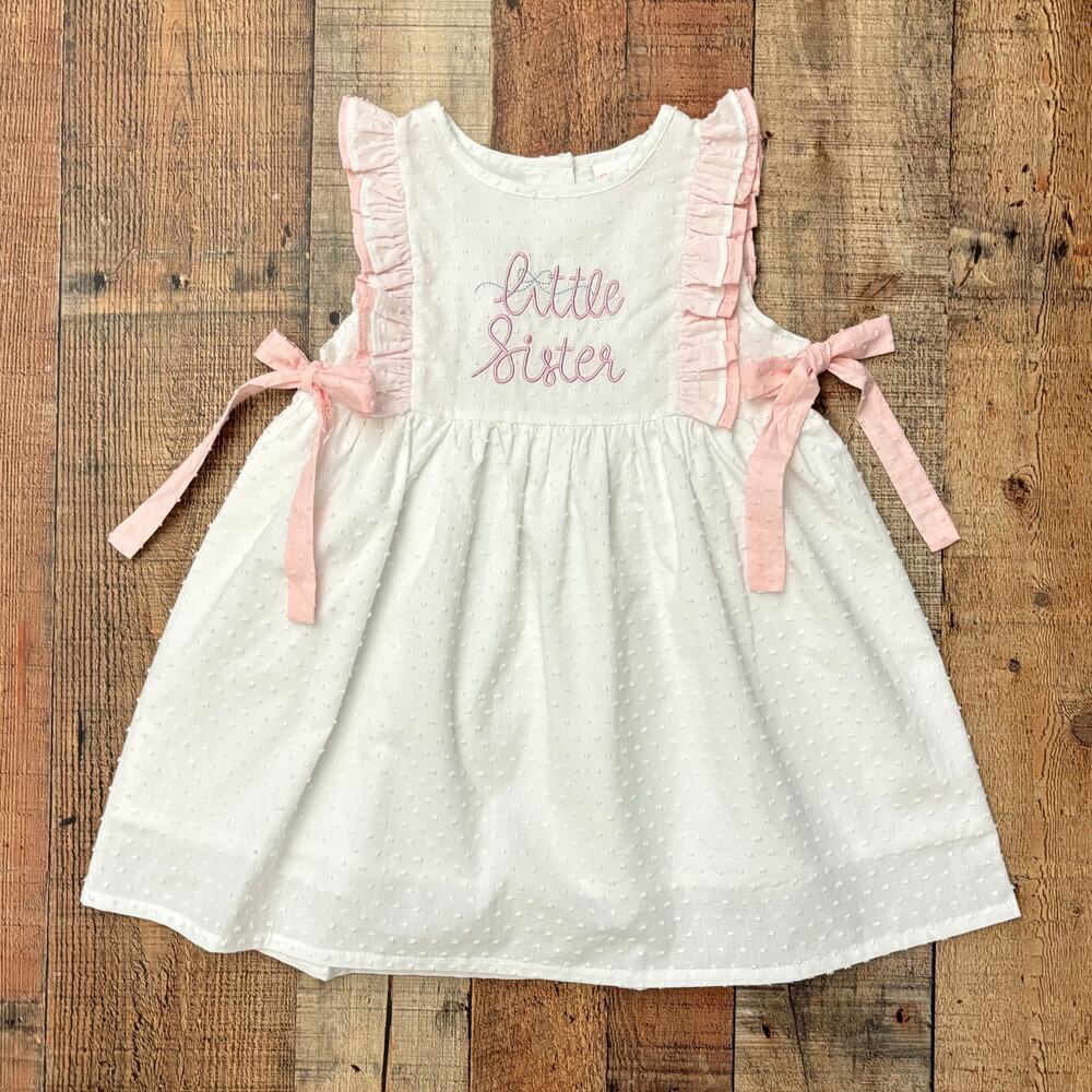 Stitchy Fish Little Sister Dress White Pink Ruffle Girls  Multiple Sizes Avail.